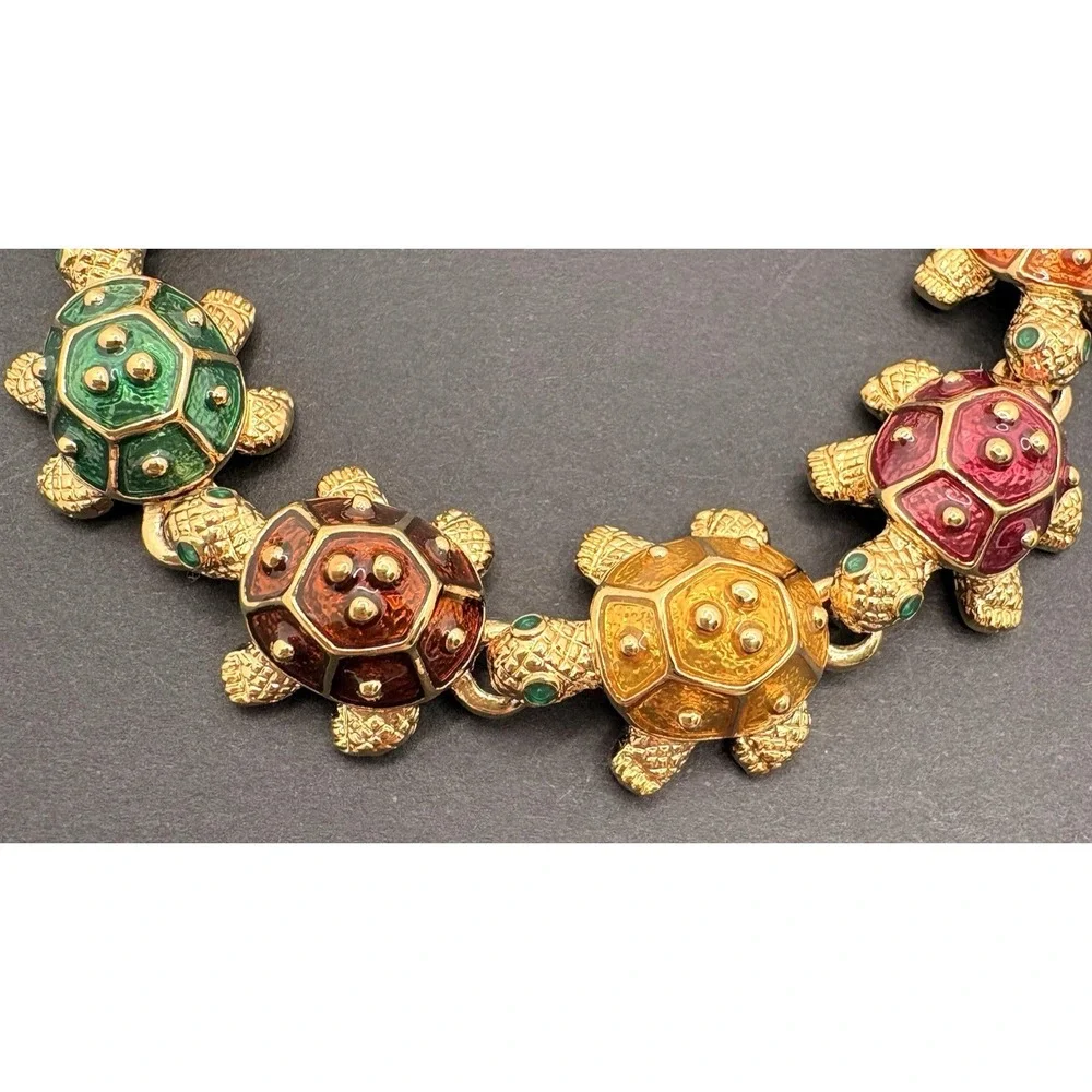 Vintage KJL Kenneth Jay Lane Turtle Bracelet Multi Color Enamel Gold Tone - Picture 2 of 8